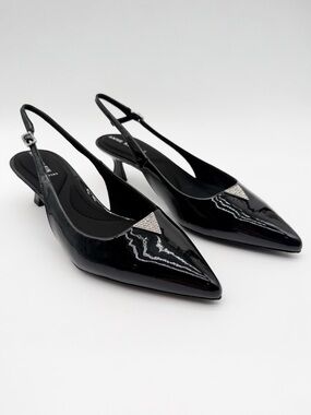Anne Klein Iset Slingback Pointed Toe Kitten Heel Pumps Patent Black 11 NEW